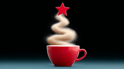 Red coffee cup with a star on top of it. The cup is filled with a white powdery substance