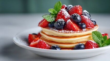 Stack of pancakes with strawberries and blueberries on top. The plate is white and the pancakes are fluffy
