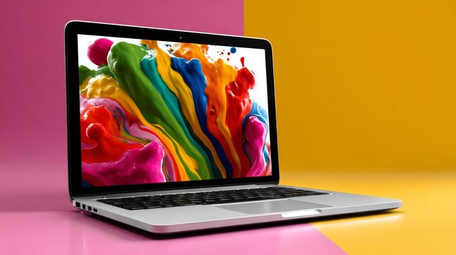 Colorful laptop with a rainbow background. The laptop is open and ready to use. The colorful background and the open laptop give a sense of creativity and inspiration - Powered by Adobe