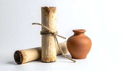 Antique Rolled Parchment Scrolls and Brown Ceramic Vase on White Background in Studio Still Life Composition