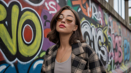 A young woman with sunglasses, a jacket and red lipstick is standing in front of a graffiti wall looking up with a confident expression