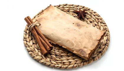 Aromatic Cinnamon Sticks and Burnt Paper on Woven Placemat Against White Background Still Life