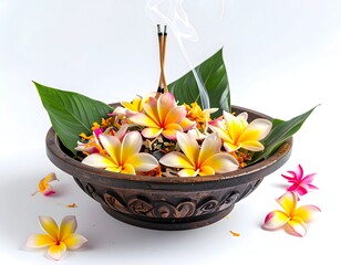 Ceramic Bowl Filled with Frangipani Flowers and Incense Sticks with Smoke against White Background