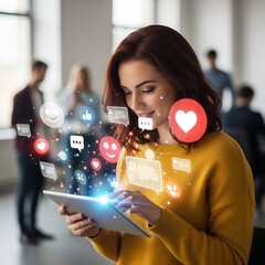 A woman using a tablet with social media icons and notifications floating around her