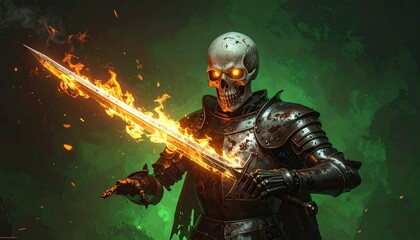 Fototapeta premium A skeleton knight in rusty armor holding a sword glowing flames in the sockets eerie green background 