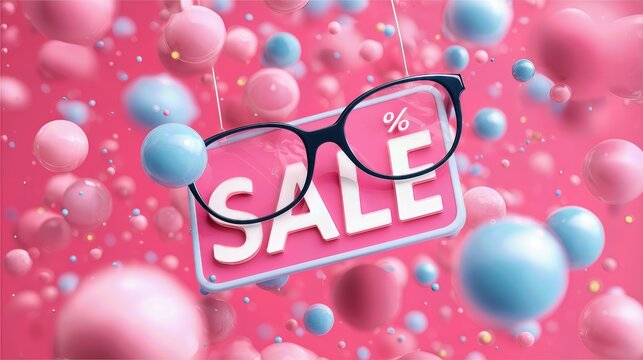 3D sale banner with floating bubbles and glasses on pink background. - Powered by Adobe