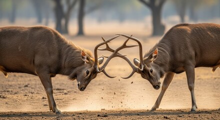 Two sambar deer locked in a battle, antlers clashing