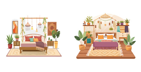 Eclectic bohemian style bedroom interior with layered textiles and vibrant colors Vector art design illustration