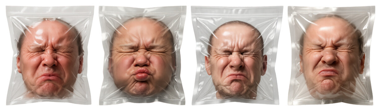 PNG Faces squished in plastic wrap, element set on transparent background