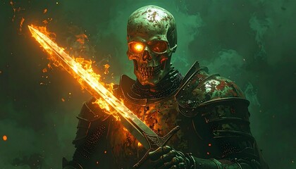 A skeleton knight in rusty armor holding a sword glowing flames in the sockets eerie green background
