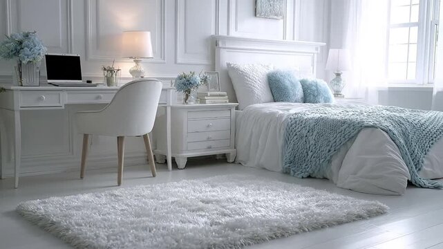 Bright bedroom with a white bed desk and rug features blue accents enhancing its serene and pristine aesthetic