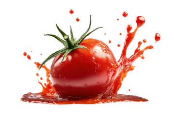 Fresh tomato splashing out juice isolated on transparent background food photography concept