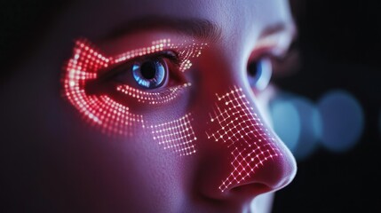 Biometric Facial Recognition:  Futuristic Technology on a Young Woman's Face