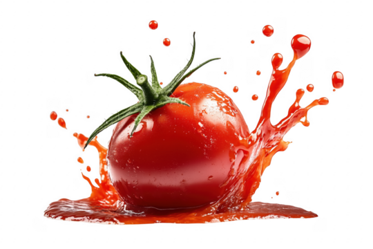 Fresh tomato splashing out juice isolated on transparent background food photography concept