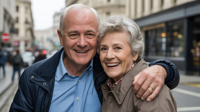 Happy senior couple embracing on city street, enjoying retirement and companionship, radiating joy and warmth in an urban setting - Powered by Adobe