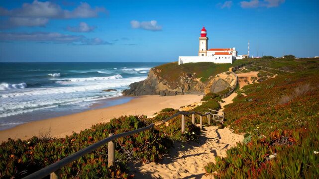 Sandy path leads to coastal lighthouse on a bluff overlooking a sandy beach and crashing waves, with a clear blue sky overhead on a sunny day.