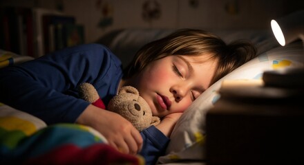 Child sleeping under lamplight holding a soft toy.