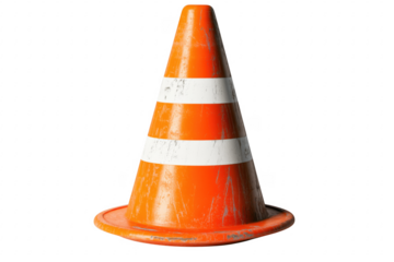 Isolated orange traffic cone with white stripes on transparent background