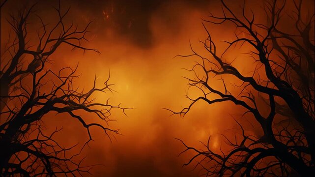Ultra HD cinematic video of a haunted forest silhouette with twisted tree branches moving gently against a seamless fiery orange background with eerie fog glowing atmosphere and sharp clarity perfect 