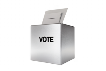 Metallic vote box with ballot papers suggesting democracy and participation transparent