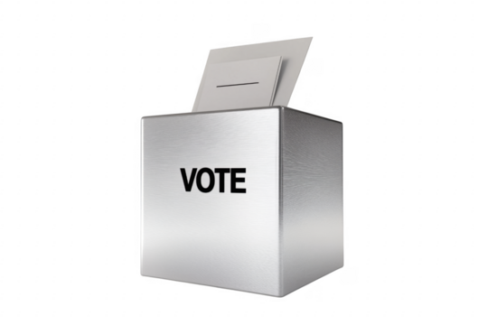 Metallic vote box with ballot papers suggesting democracy and participation transparent