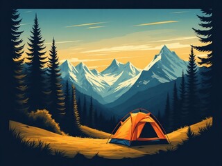 camping in the mountains sunrise illuastration