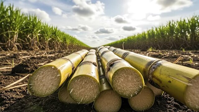 Harvested sugarcane stalks lie on dark soil with rows of green sugarcane plants extending into the distance under a bright cloudy sky