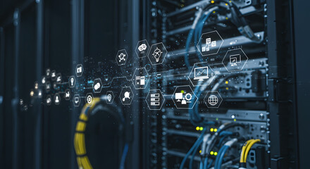 Data Center with Digital Network Icons Overlay