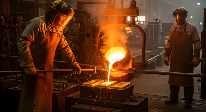 Foundry workers in protective gear pouring glowing molten gold into molds creating shiny gold bars.