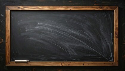 Empty Chalkboard with Wooden Frame and Chalk on Textured Dark Surface Close Up Classroom School Education Black Board