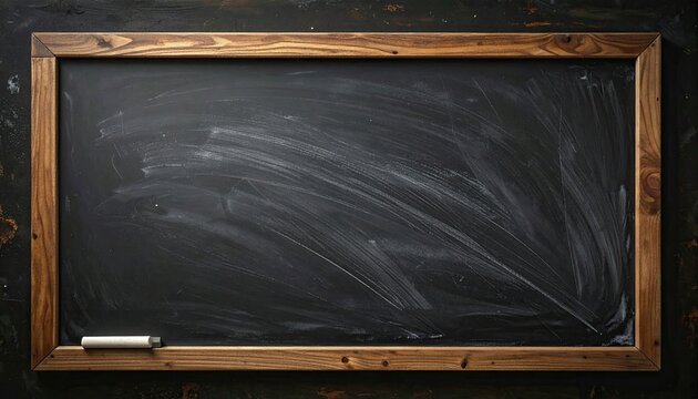 Empty Chalkboard with Wooden Frame and Chalk on Textured Dark Surface Close Up Classroom School Education Black Board