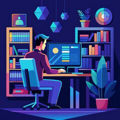 Focused Man Programming at Night in Home Office with Blue Lighting, Ai Generated