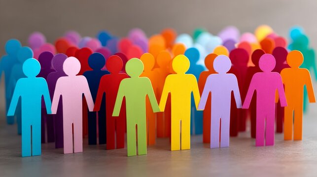 Group of people are holding hands in a rainbow of colors. Concept of unity and togetherness, as the people are all connected by the same color