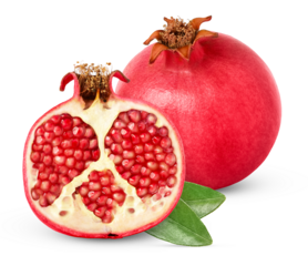 Pomegranate and a cut in a half isolated. Pink ripe pomegranates and green leaf with clipping path.