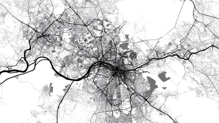 Fototapeta premium 詳細な都市の道路地図の白黒イラスト。地理情報や都市計画資料に最適な背景素材。