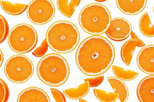 Saftige Orangen, in Scheiben geschnitten, auf wei&szlig;em Hintergrund