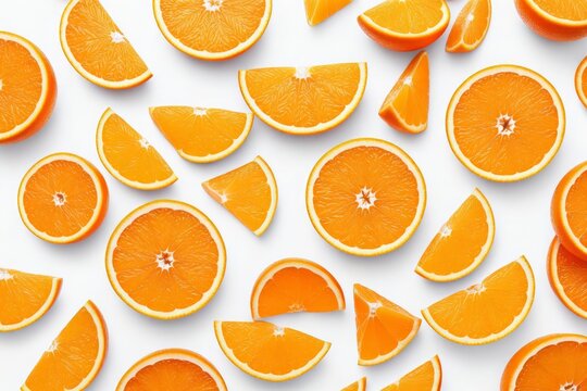 Saftige Orangen, in Scheiben geschnitten, auf wei&szlig;em Hintergrund