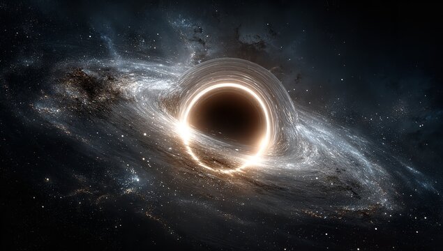 Realistic black hole with glowing white ring and swirling cosmic dust, surrounded by galaxies and stars, symbolizing space portal or otherworldly dimension