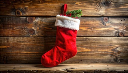 Festive Red Christmas Stocking Hung Against Rustic Wooden Wall with Green Holly and Berries
