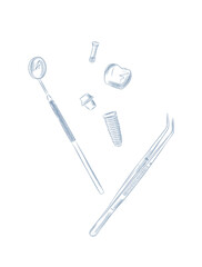 Dental implant structure with dentist mirror and tweezers drawing in graphic style with blue on white background.