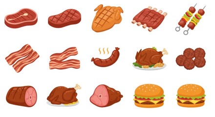 A collection of delicious cooked meats and barbecue items, including steaks, chicken, ribs, sausages, bacon, and burgers, perfect for food blogs and menus