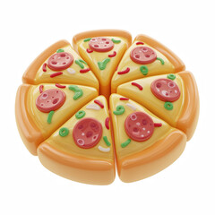 3D cartoon pizza with eight slices pepperoni cheese glossy chubby cute style isolated on transparent background