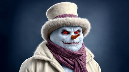 Snowman with a red eye and a hat on his head. The snowman has a sinister look on his face and is wearing a scarf
