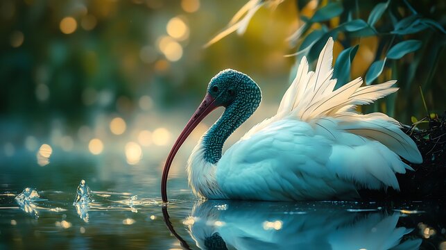 Young ducks and white swans on a lake in nature