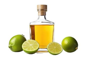 Bottle of liquor with limes on transparent background for cocktail preparation