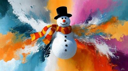 Snowman with a scarf and hat is standing in a colorful background. The snowman is smiling and he is happy. The background is a mix of bright colors, which creates a cheerful and festive mood