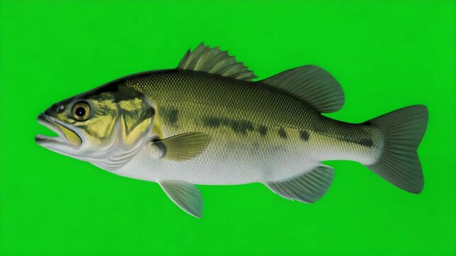 Largemouth Bass Fish Swimming Against a Bright Green Screen Background