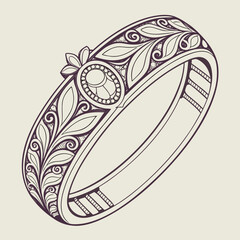 Detailed drawing of a ring with an oval gemstone on a beige background