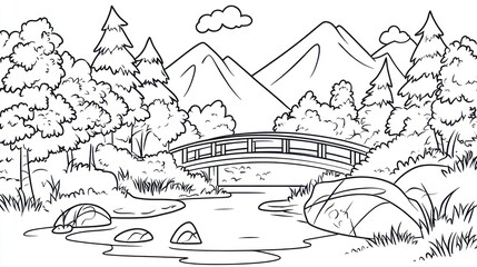 Obraz premium Black and white forest landscape with bridge