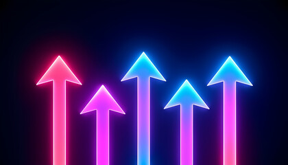 Neon glowing arrows rising in dark background, symbolizing growth and progress